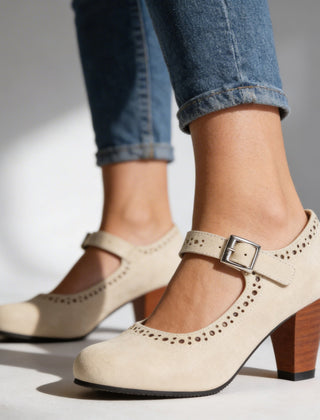 Women's Vintage Leather Mary Jane Pumps | Elegant Block Heel Brogue Shoes 7