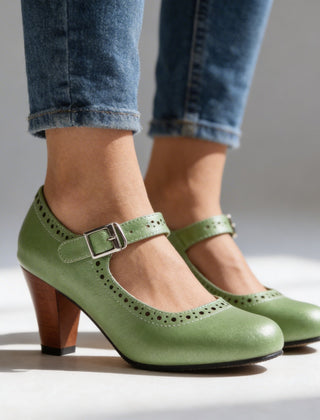 Women's Vintage Leather Mary Jane Pumps | Elegant Block Heel Brogue Shoes 8