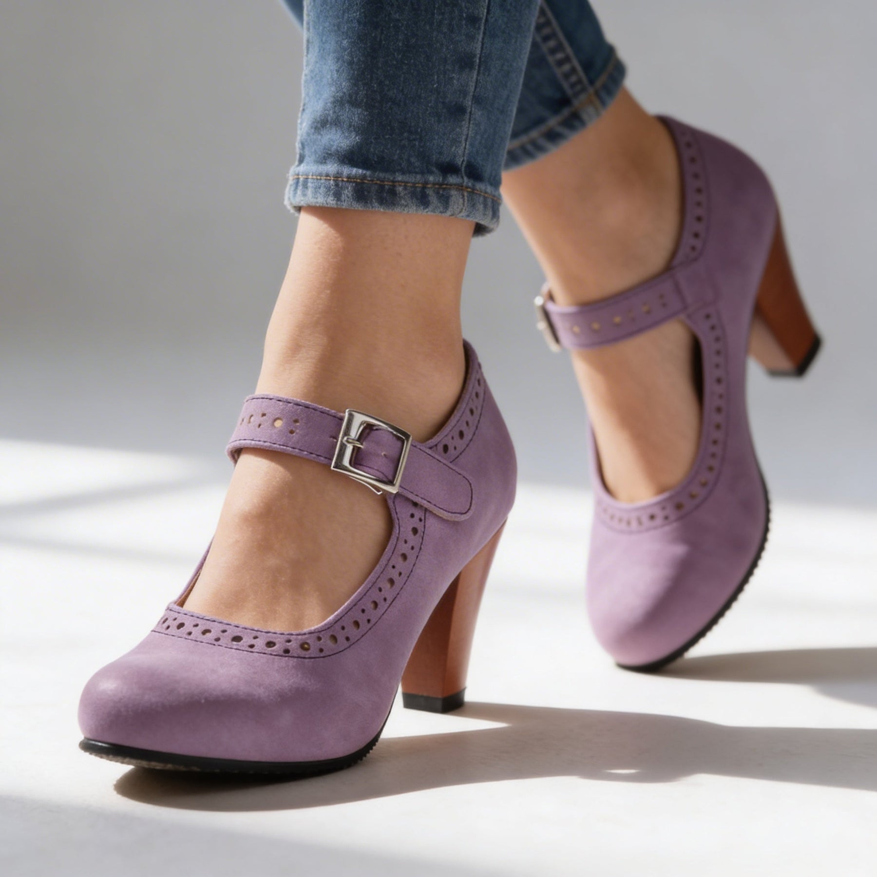 Women's Vintage Leather Mary Jane Pumps | Elegant Block Heel Brogue Shoes 9