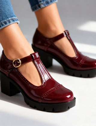 Women's Vintage Leather T-Strap Heels | Elegant Brogue Block Shoes 0