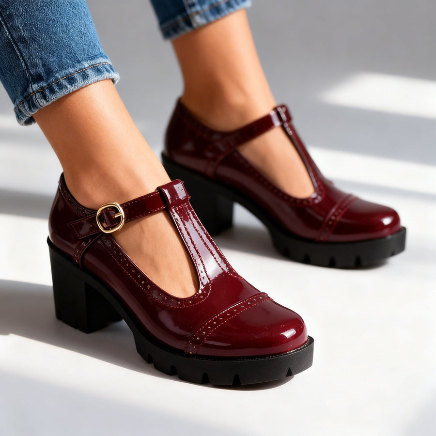 Women's Vintage Leather T-Strap Heels | Elegant Brogue Block Shoes 0