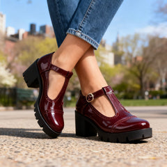 Women's Vintage Leather T-Strap Heels | Elegant Brogue Block Shoes 1