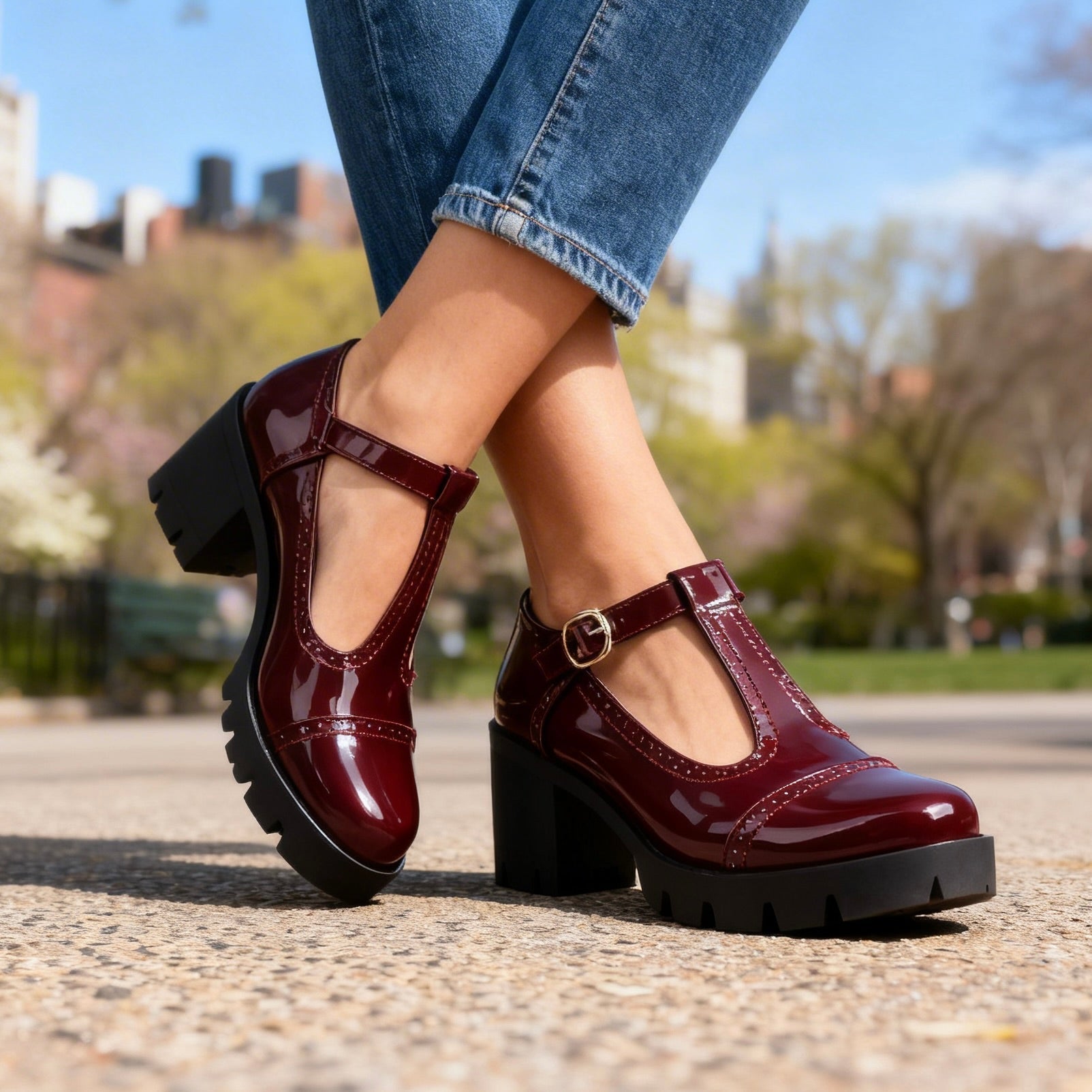 Women's Vintage Leather T-Strap Heels | Elegant Brogue Block Shoes 1