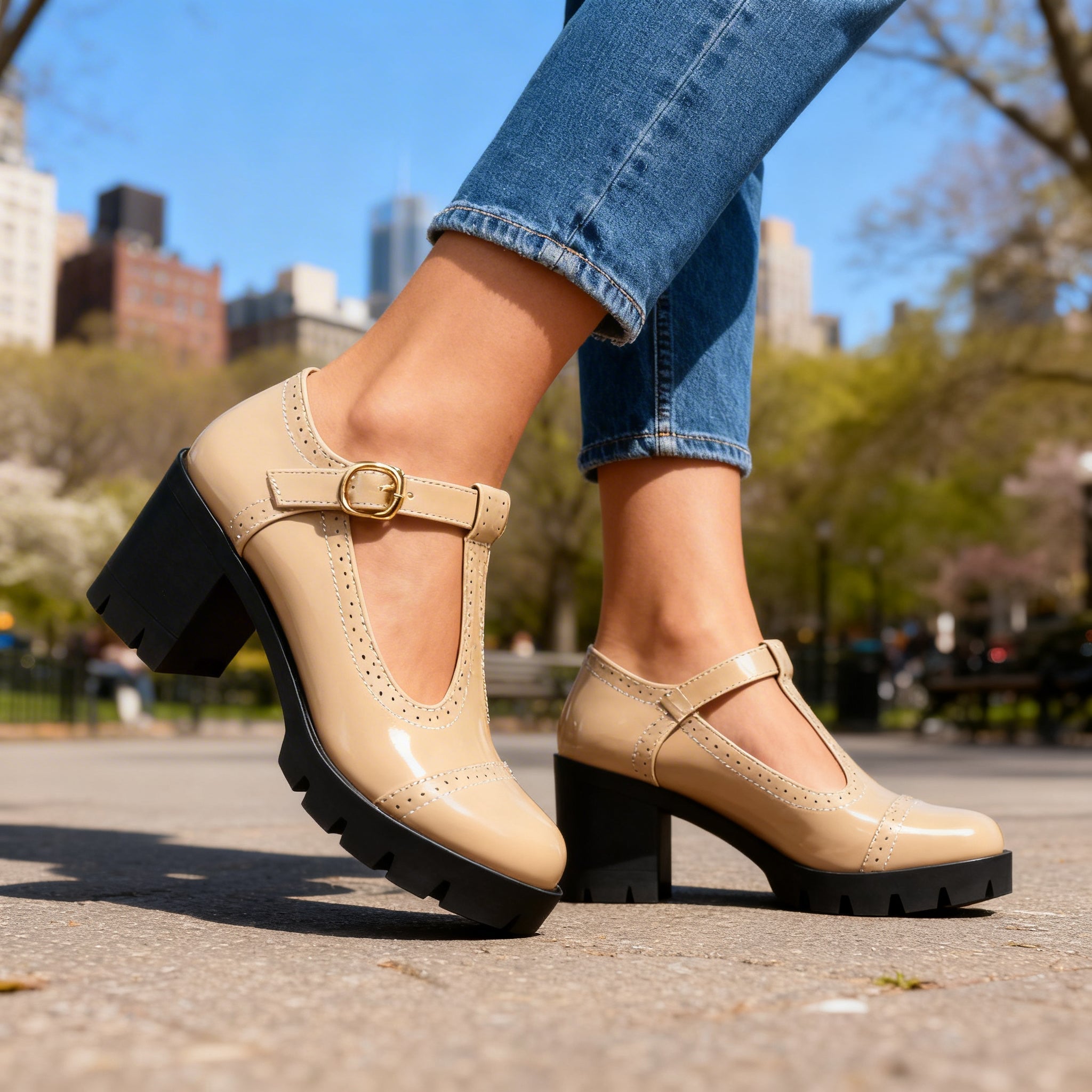 Women's Vintage Leather T-Strap Heels | Elegant Brogue Block Shoes 3