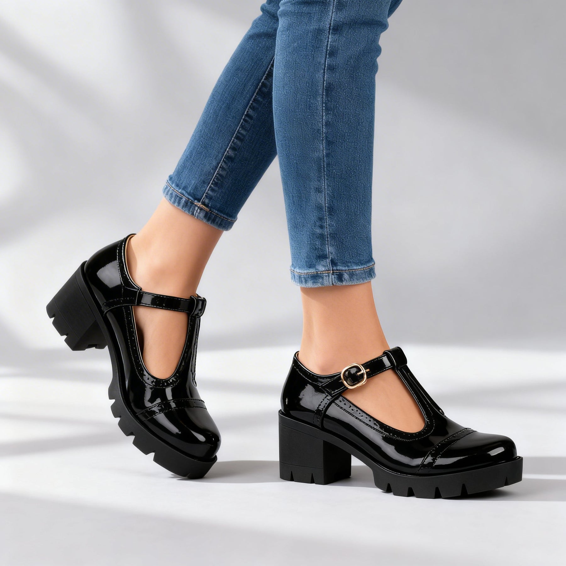 Women's Vintage Leather T-Strap Heels | Elegant Brogue Block Shoes 4