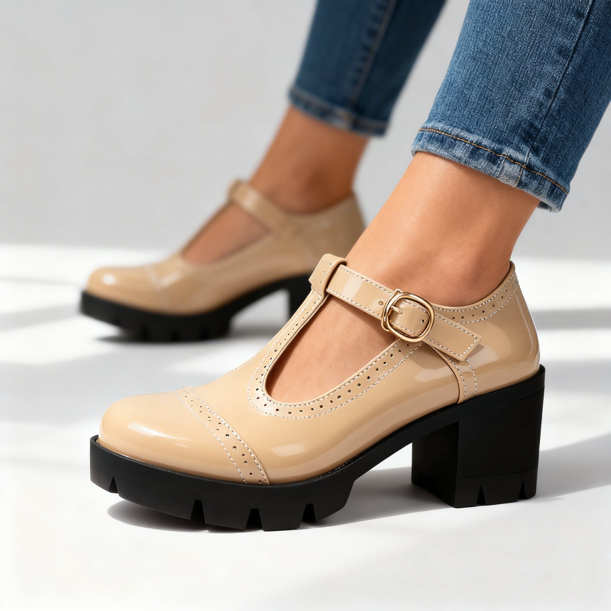 Women's Vintage Leather T-Strap Heels | Elegant Brogue Block Shoes 5