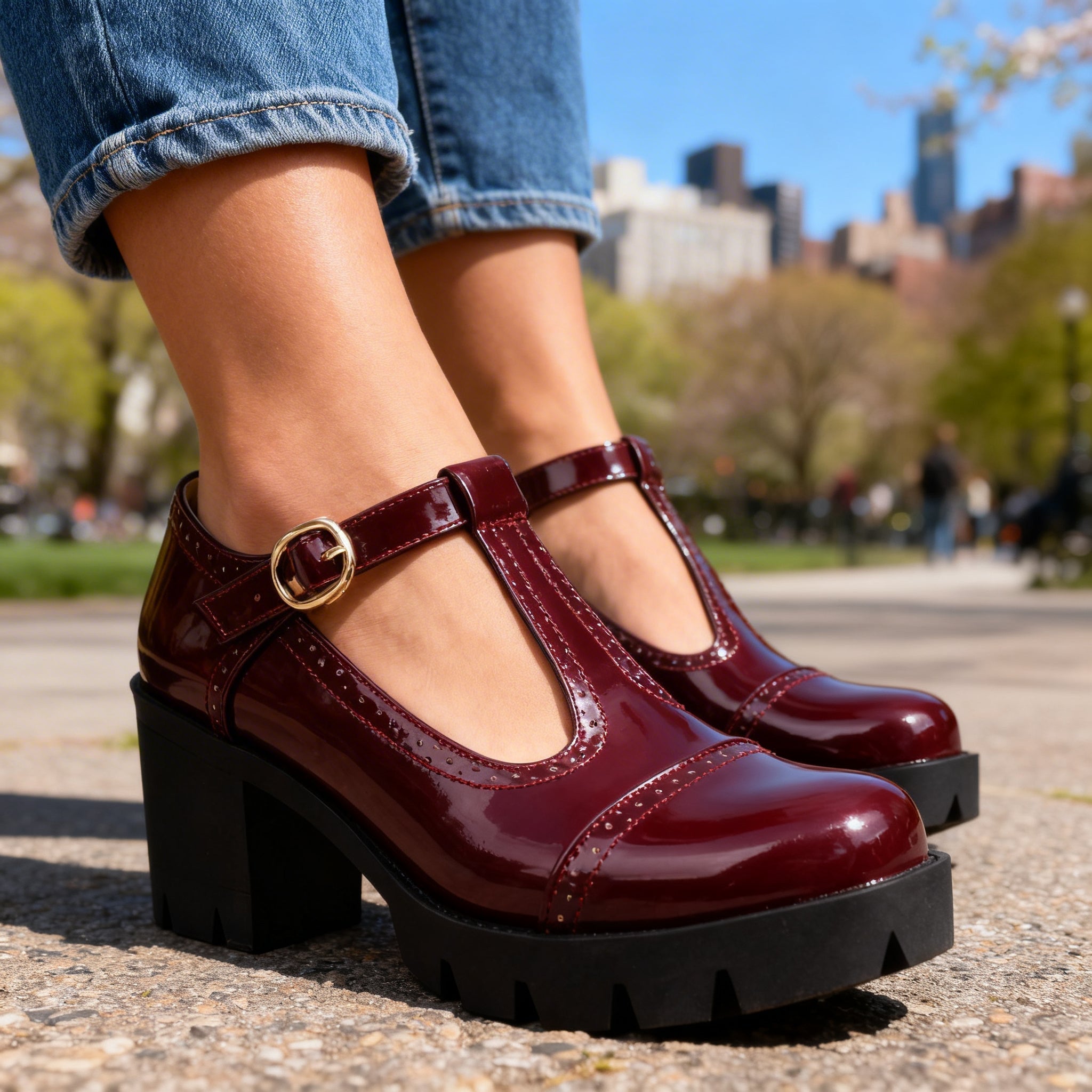 Women's Vintage Leather T-Strap Heels | Elegant Brogue Block Shoes 6