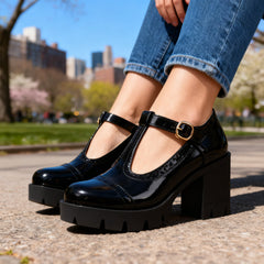Women's Vintage Leather T-Strap Heels | Elegant Brogue Block Shoes 7