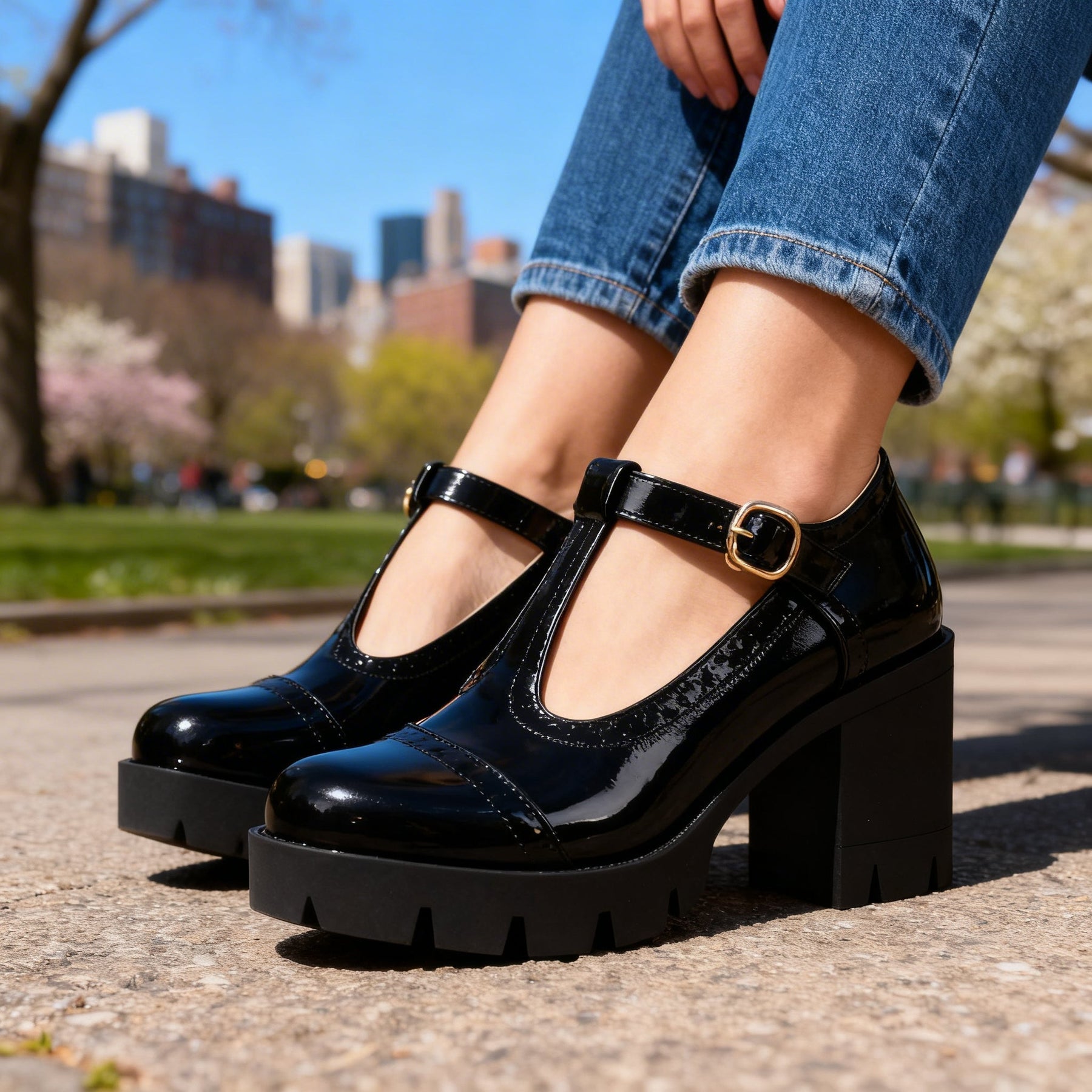 Women's Vintage Leather T-Strap Heels | Elegant Brogue Block Shoes 7