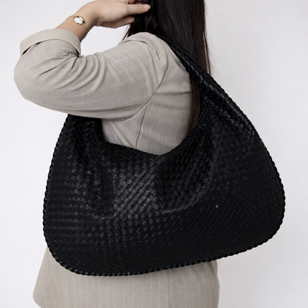 Woven Vegan Leather Hobo Shoulder Bag – Espresso Brown