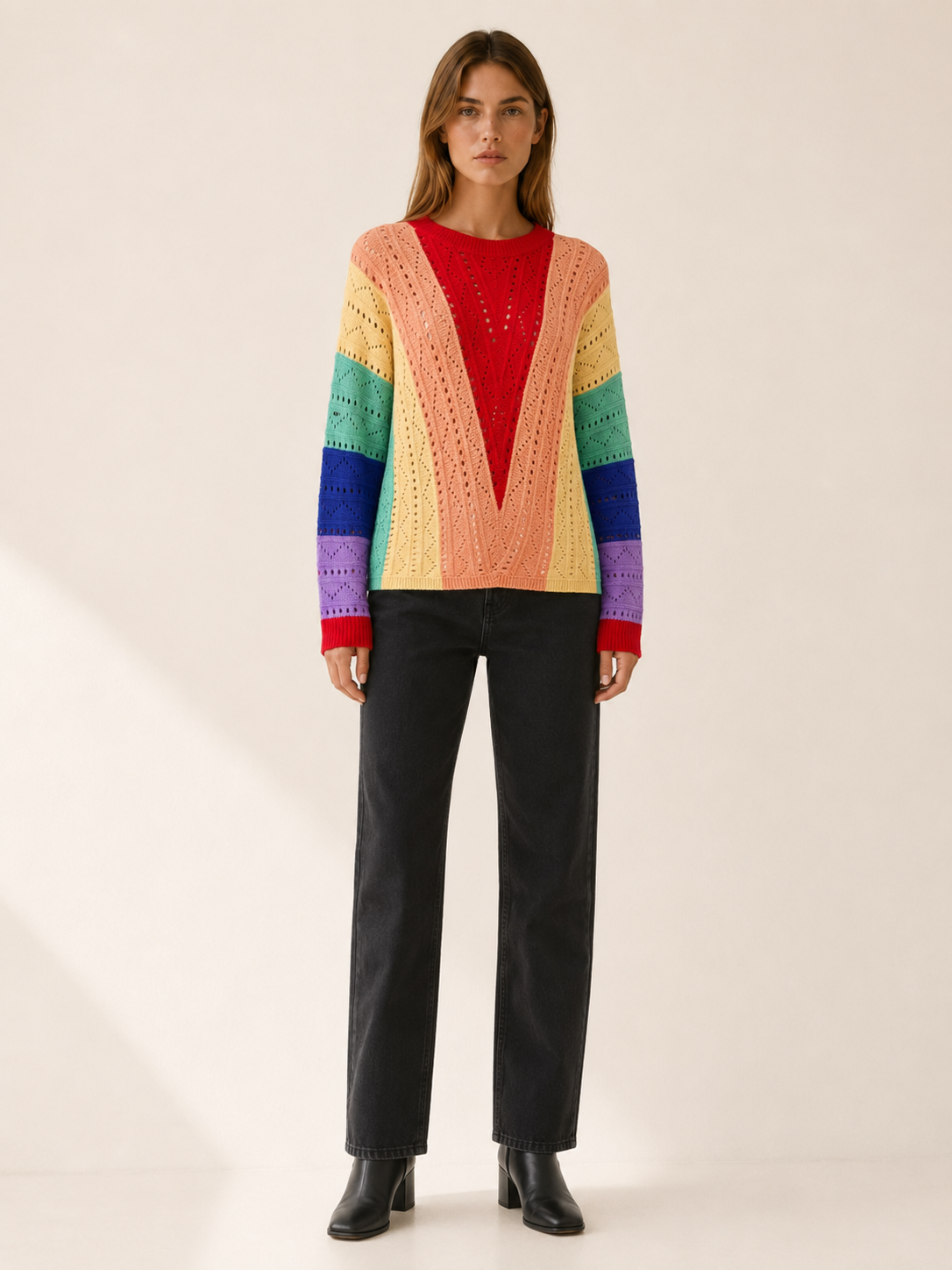 Openwork Colour-Block Jumper – Relaxed Fit