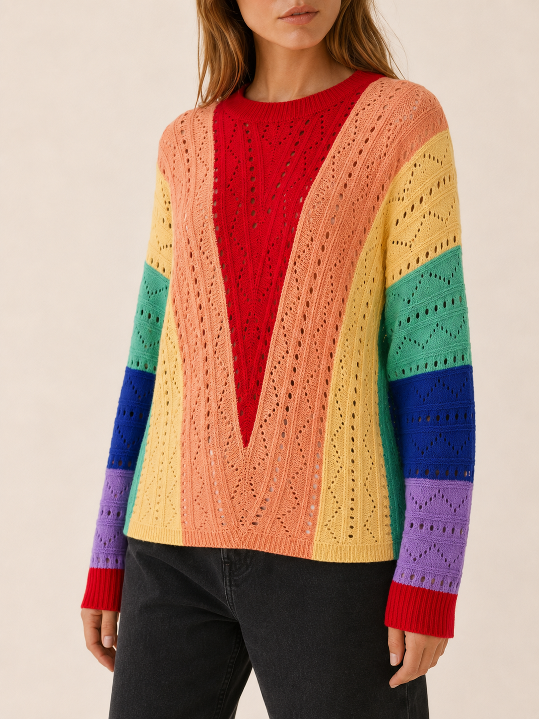 Openwork Colour-Block Jumper – Relaxed Fit