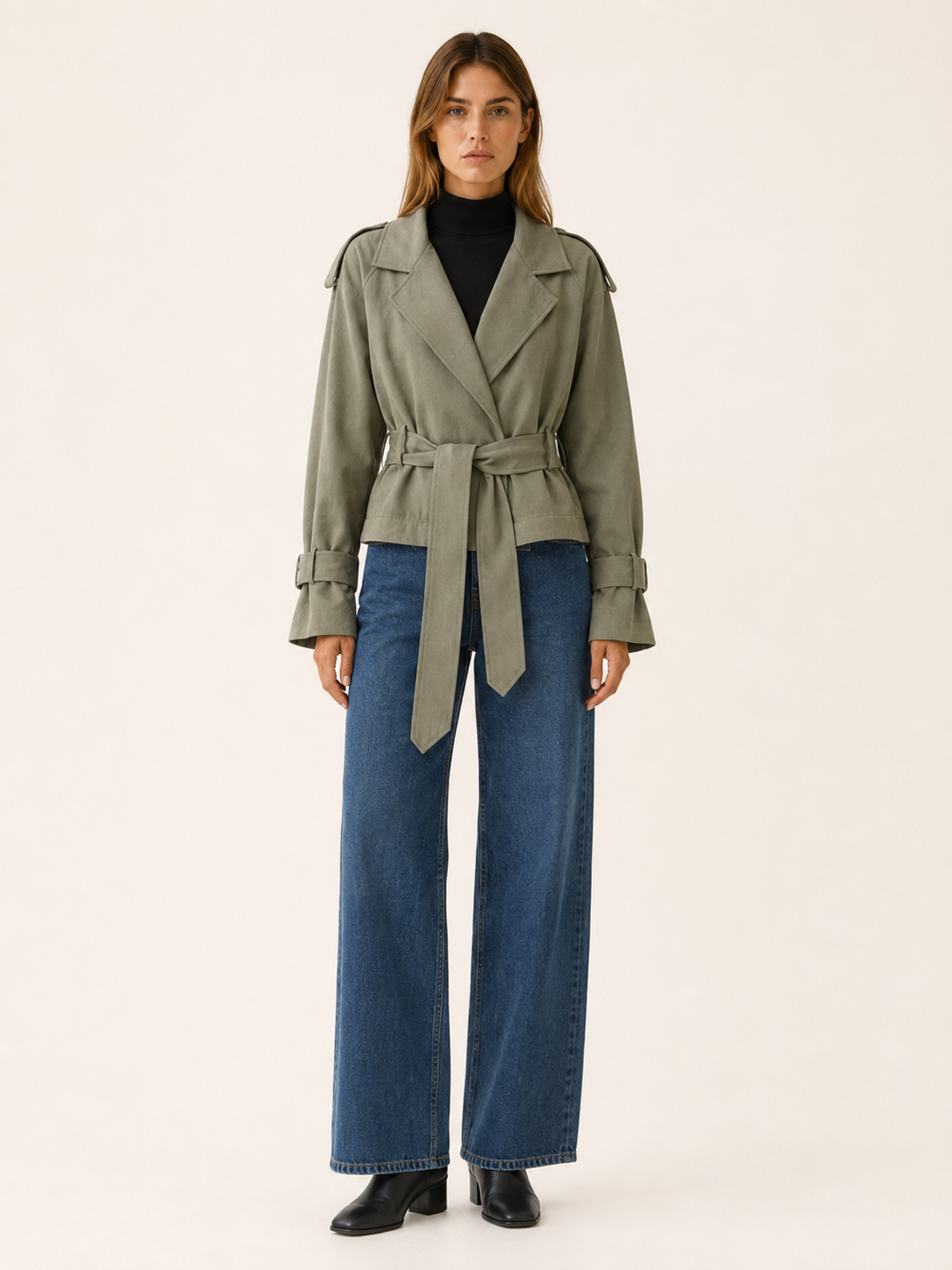 Cropped Trench Jacket with Tie Waist and Wrap Front