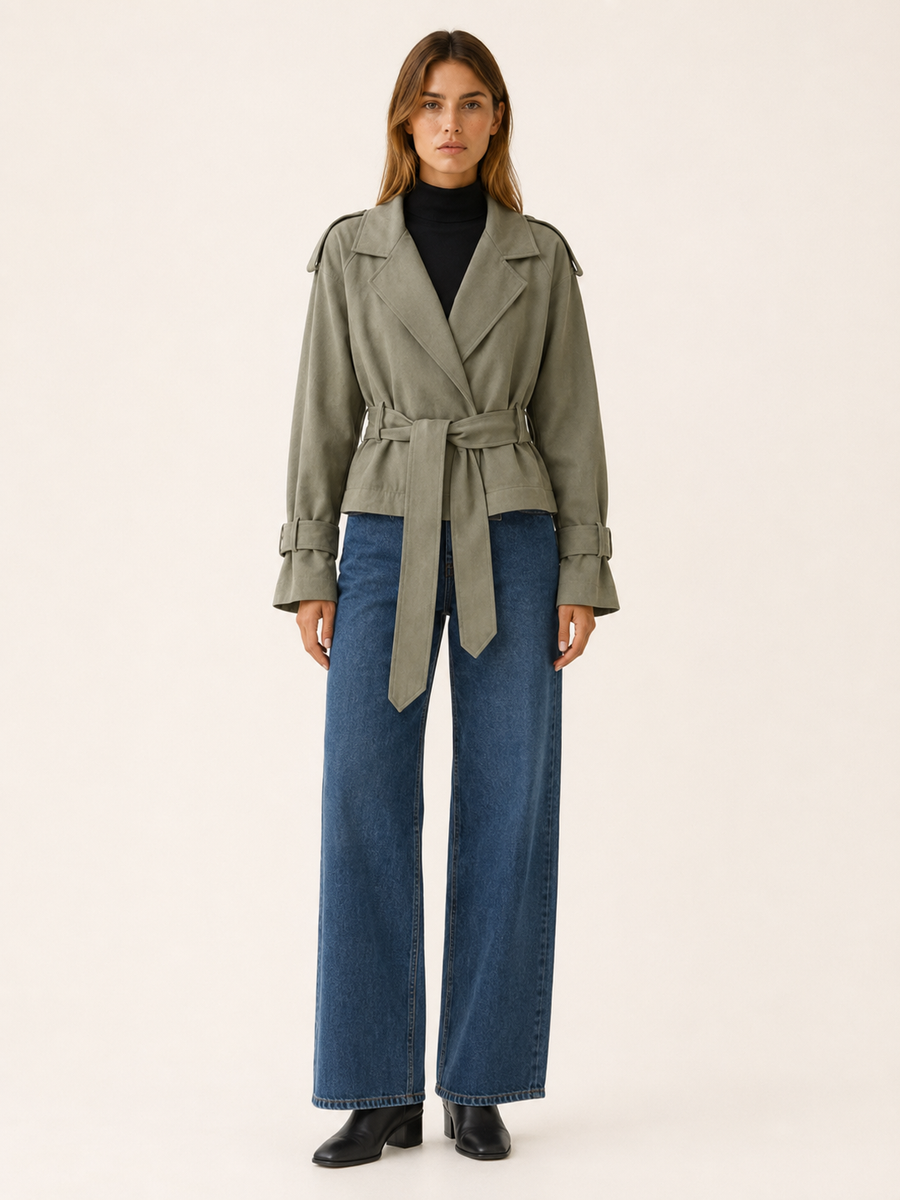 Cropped Trench Jacket with Tie Waist and Wrap Front