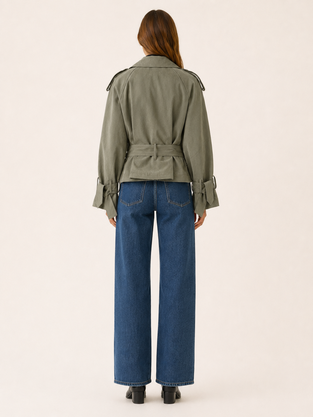 Cropped Trench Jacket with Tie Waist and Wrap Front
