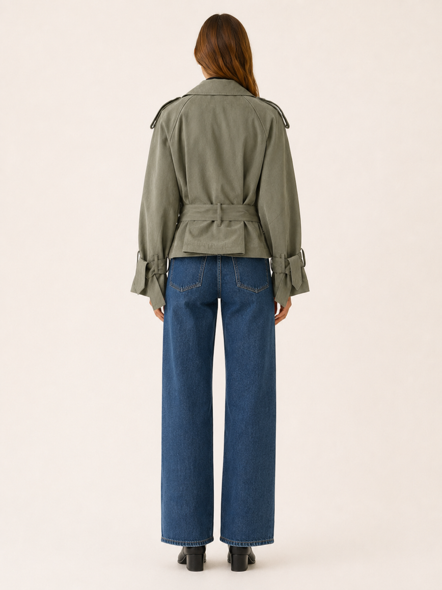 Cropped Trench Jacket with Tie Waist and Wrap Front