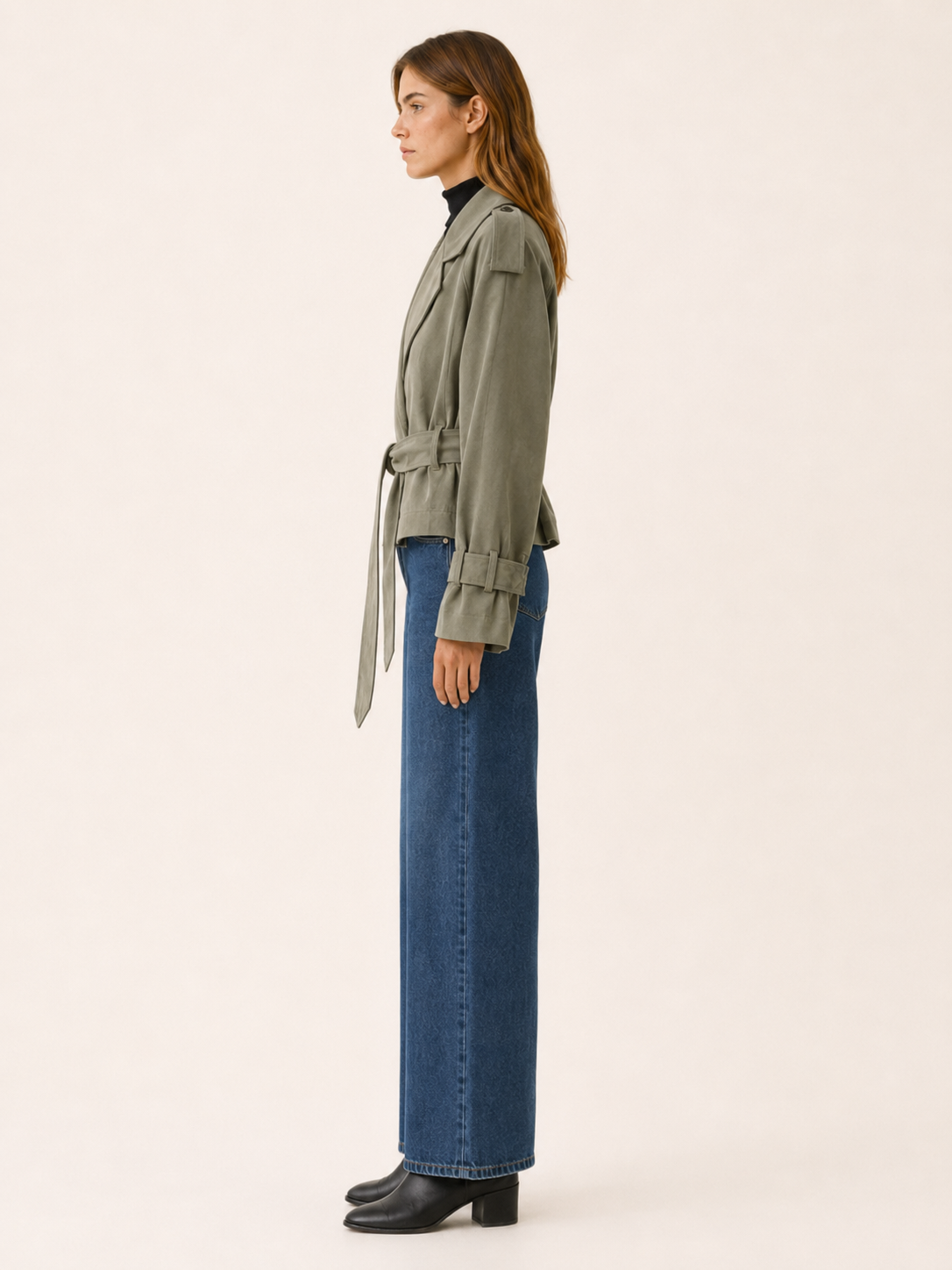 Cropped Trench Jacket with Tie Waist and Wrap Front