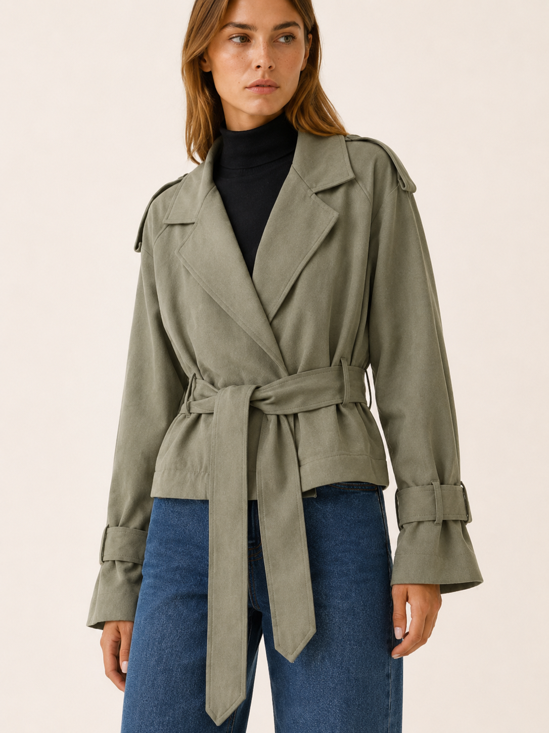 Cropped Trench Jacket with Tie Waist and Wrap Front