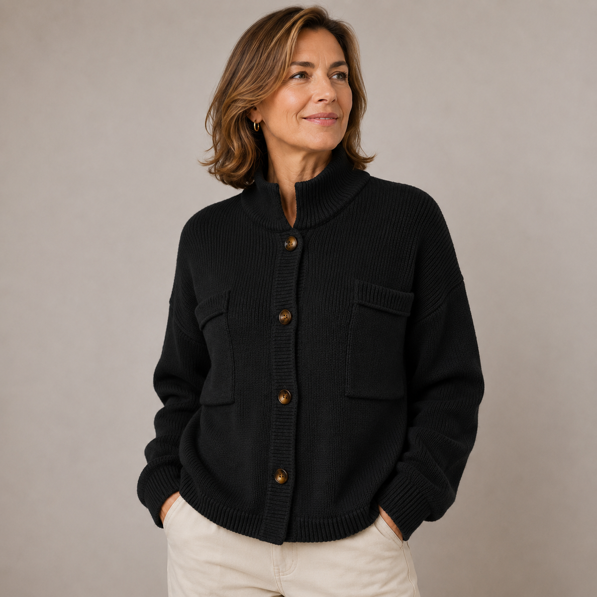 Women’s Stand Collar Button Knit Cardigan – Relaxed Fit