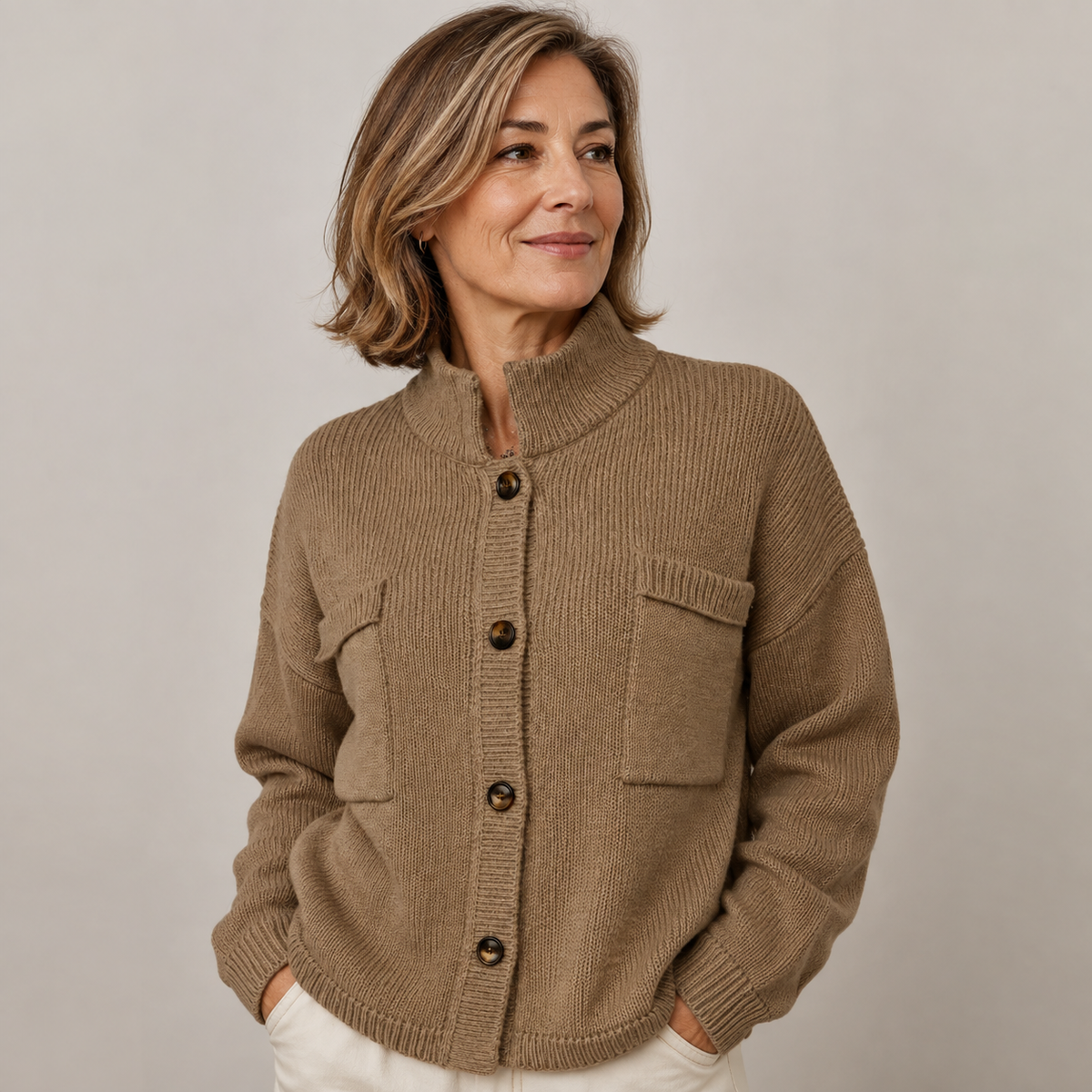 Women’s Stand Collar Button Knit Cardigan – Relaxed Fit
