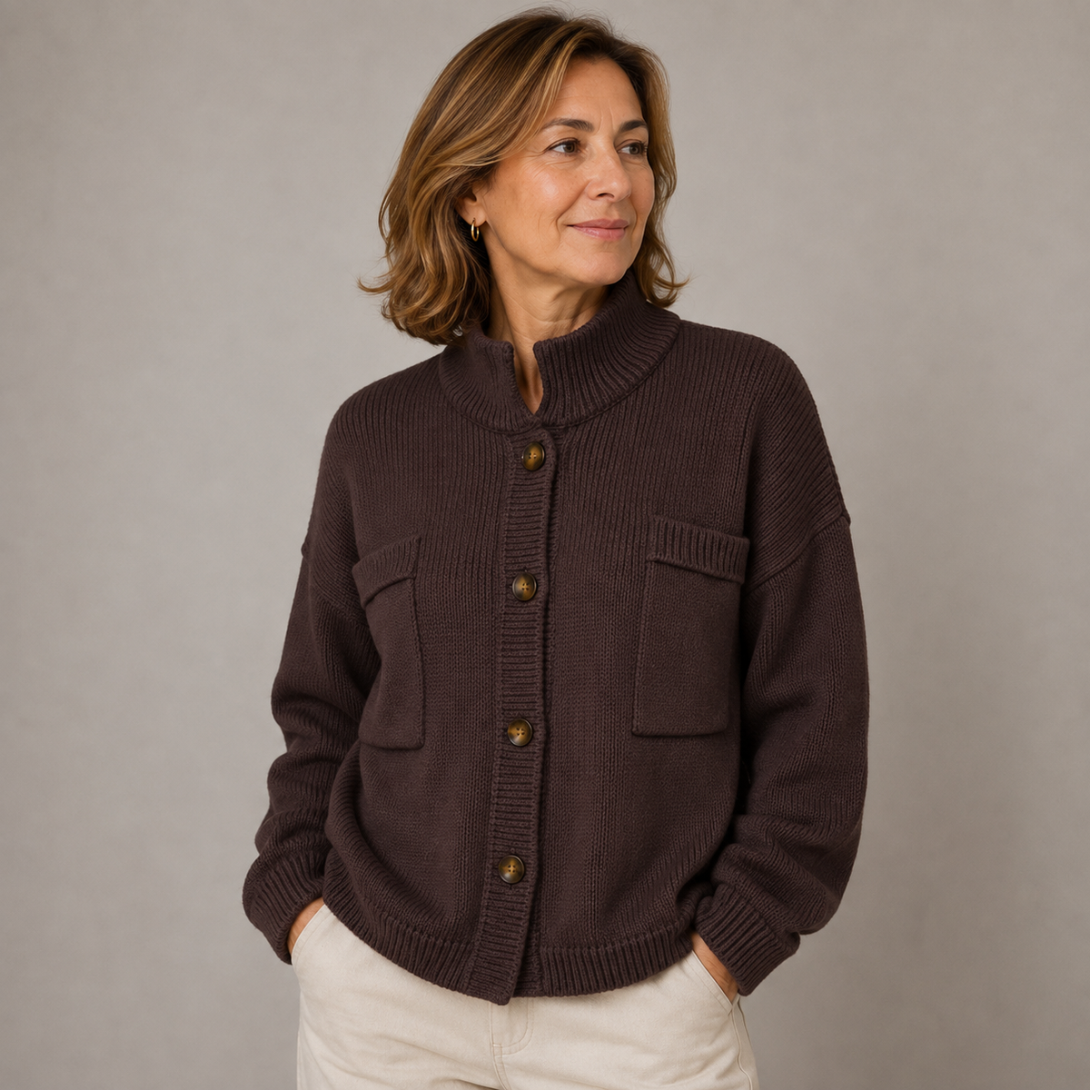 Women’s Stand Collar Button Knit Cardigan – Relaxed Fit