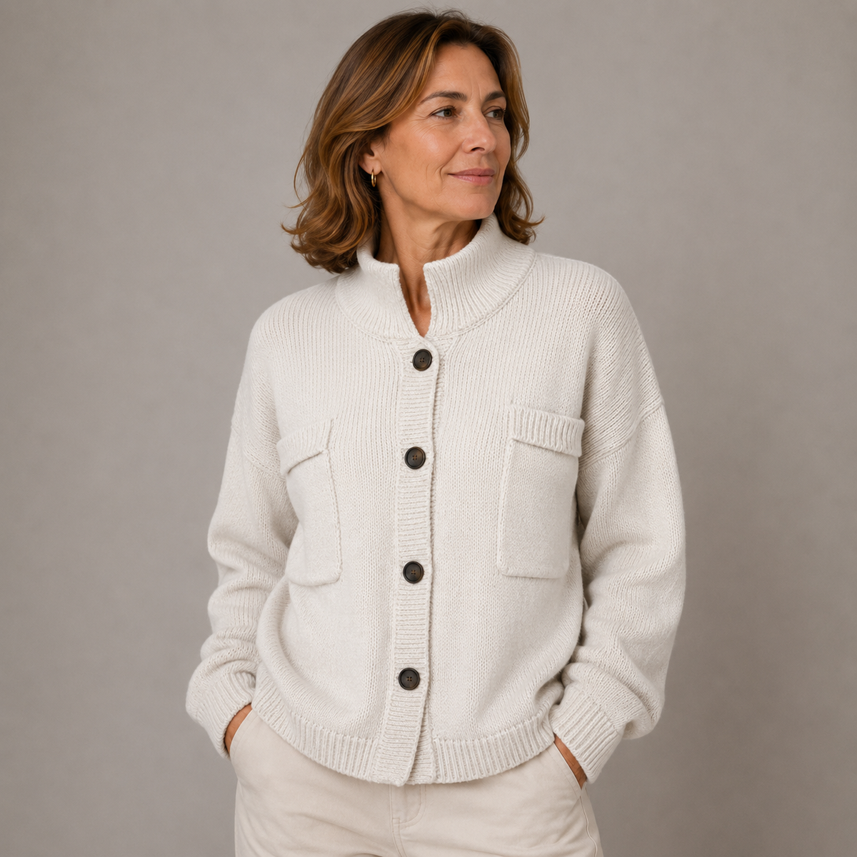 Women’s Stand Collar Button Knit Cardigan – Relaxed Fit