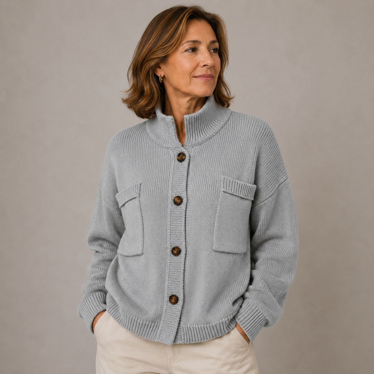Women’s Stand Collar Button Knit Cardigan – Relaxed Fit