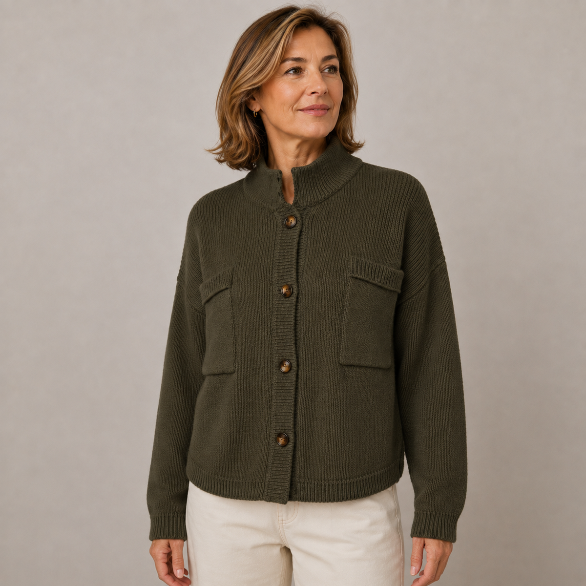 Women’s Stand Collar Button Knit Cardigan – Relaxed Fit