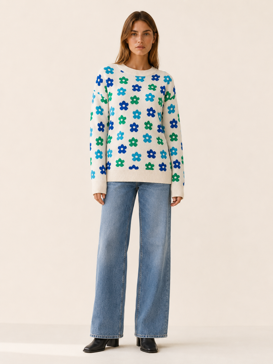 Women’s Floral Sweater – Crew Neck Relaxed Fit