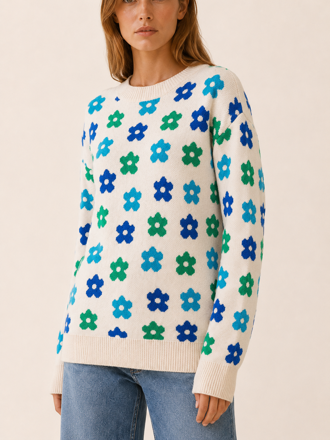 Women’s Floral Sweater – Crew Neck Relaxed Fit