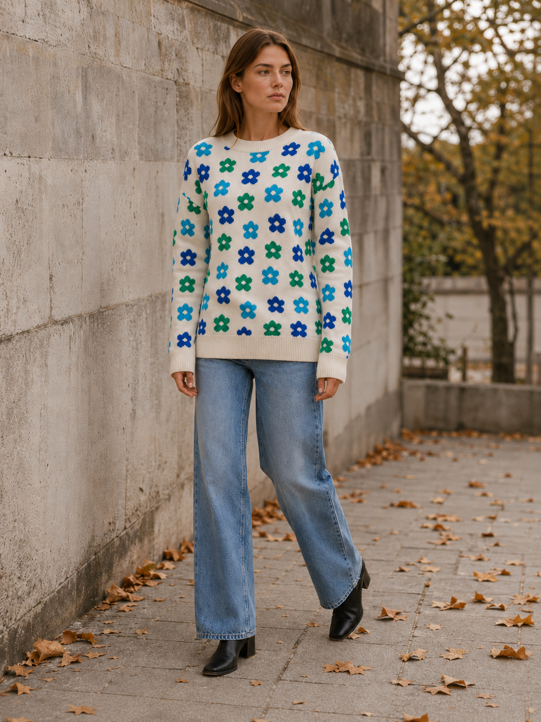 Women’s Floral Sweater – Crew Neck Relaxed Fit