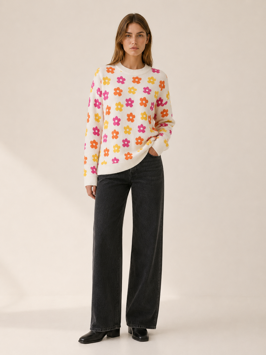 Women’s Floral Sweater – Crew Neck Relaxed Fit