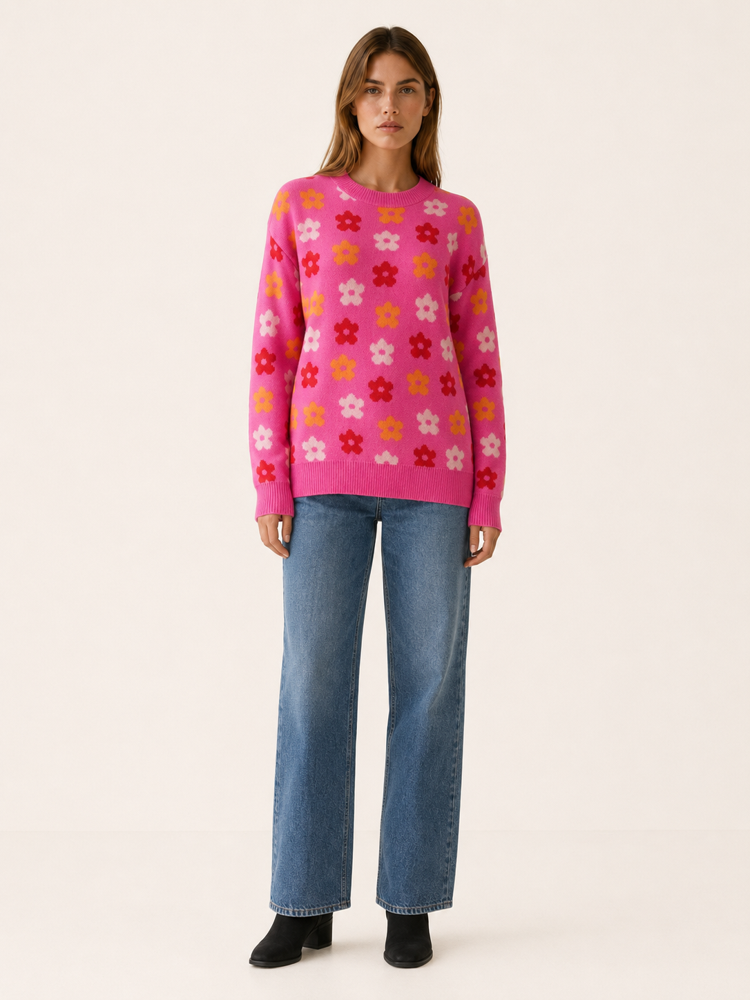 Women’s Floral Sweater – Crew Neck Relaxed Fit