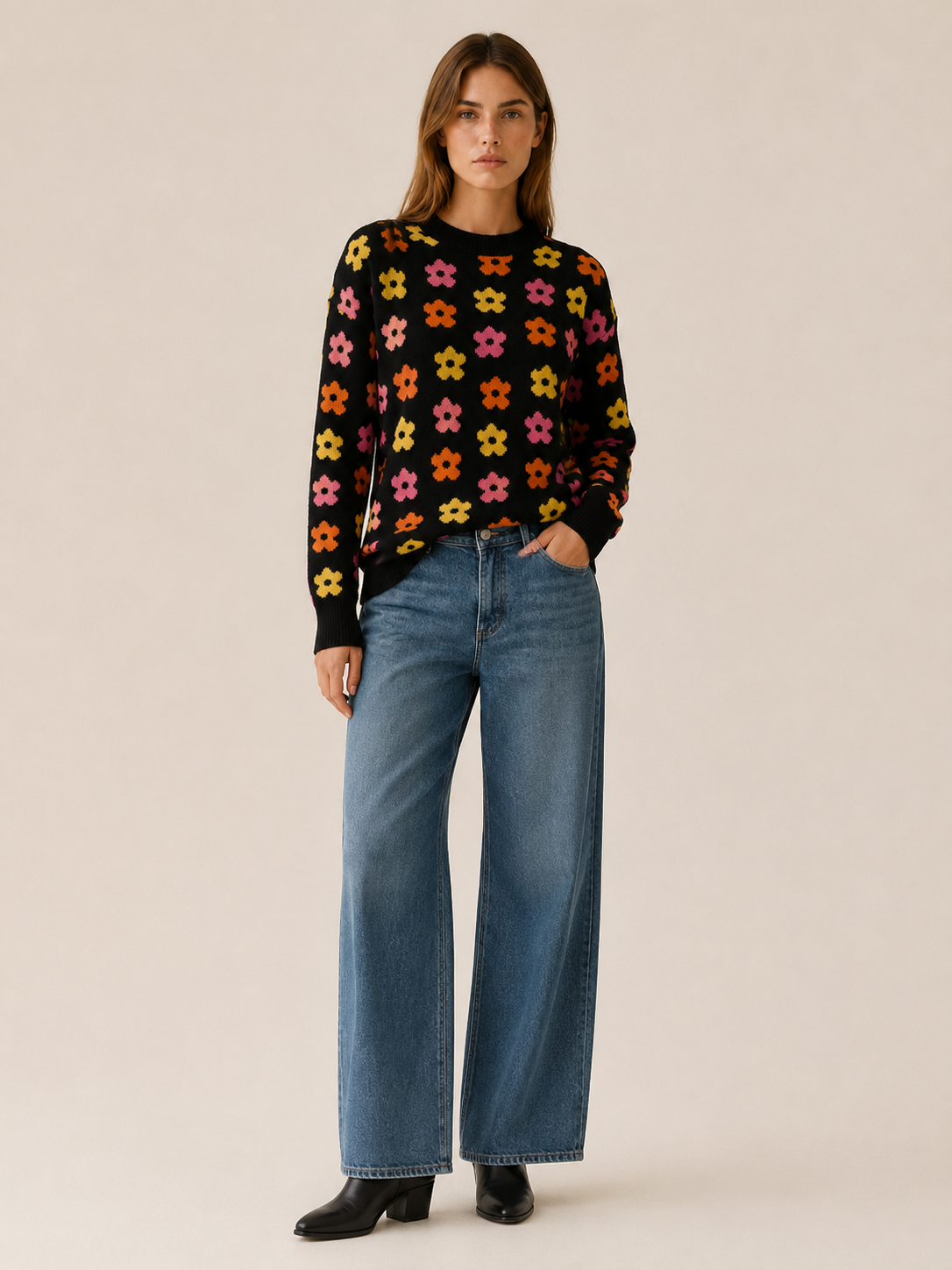 Women’s Floral Sweater – Crew Neck Relaxed Fit