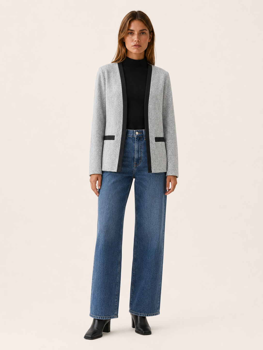 Women's Blazer - Contrast Trim Open Front Collarless Design