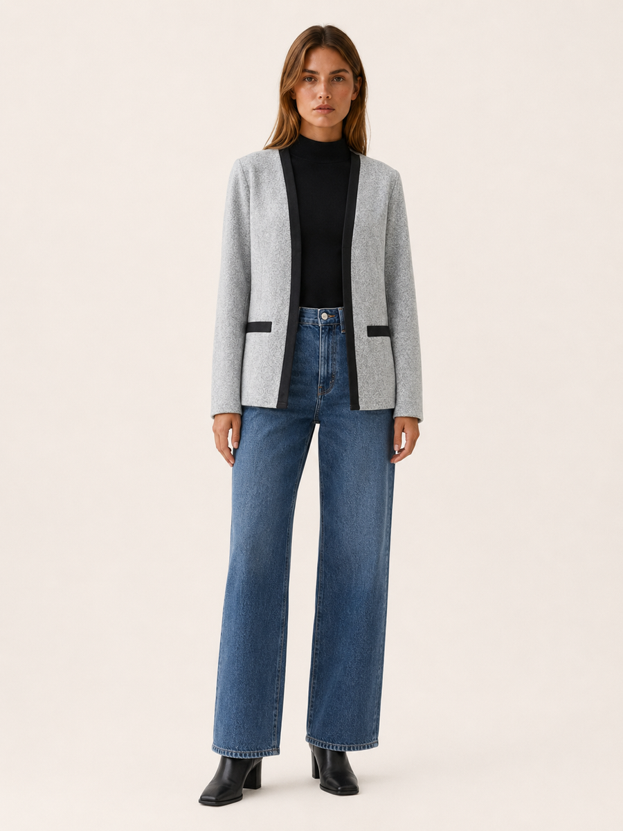 Women's Blazer - Contrast Trim Open Front Collarless Design