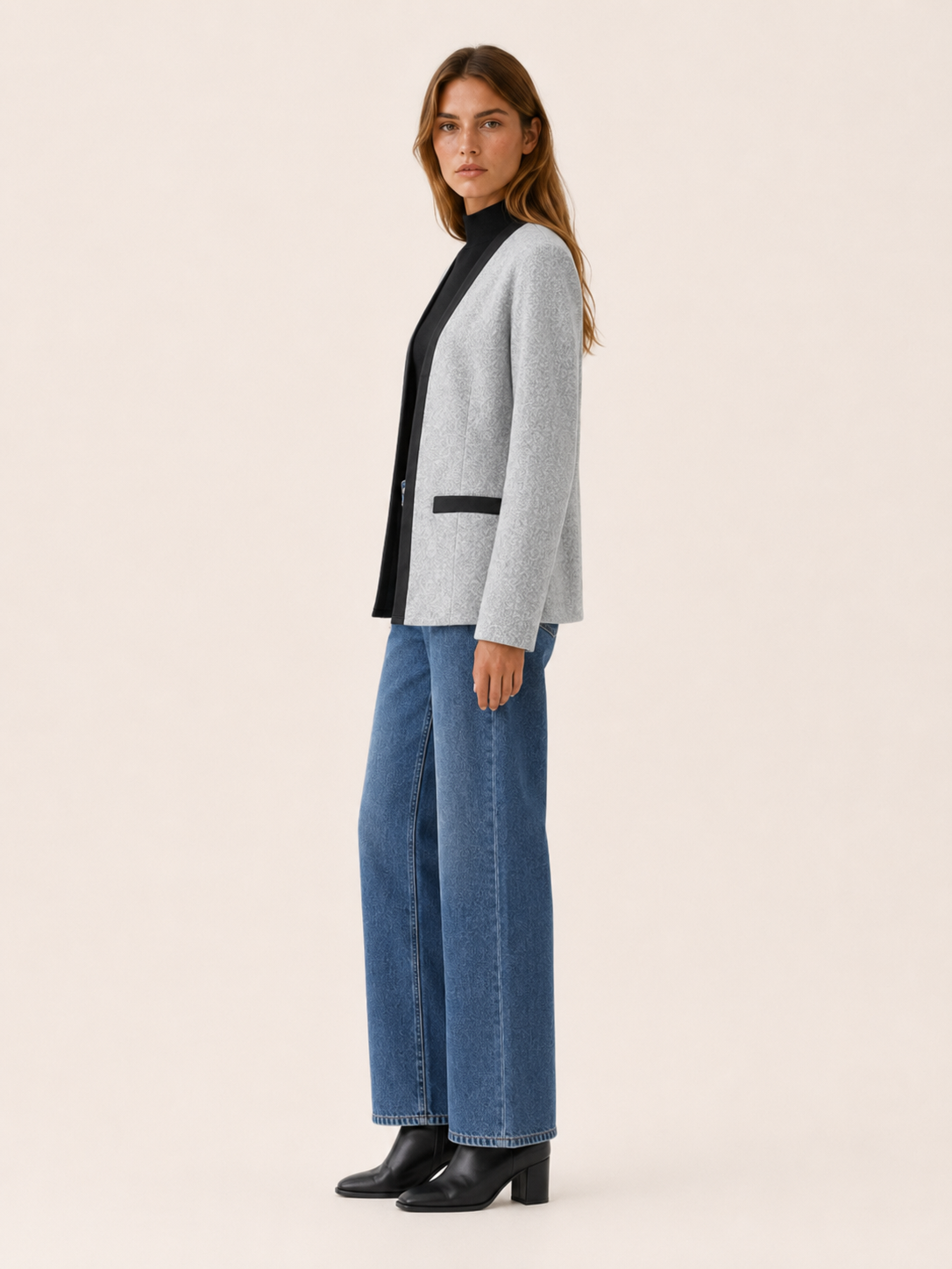 Women's Blazer - Contrast Trim Open Front Collarless Design