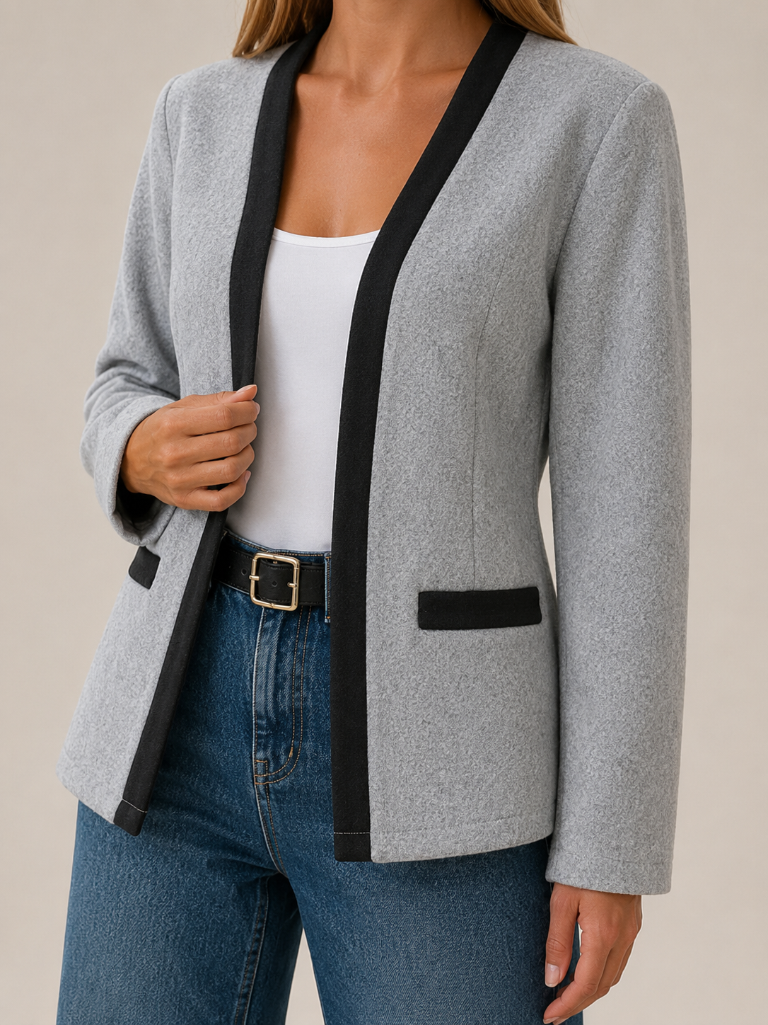 Women's Blazer - Contrast Trim Open Front Collarless Design