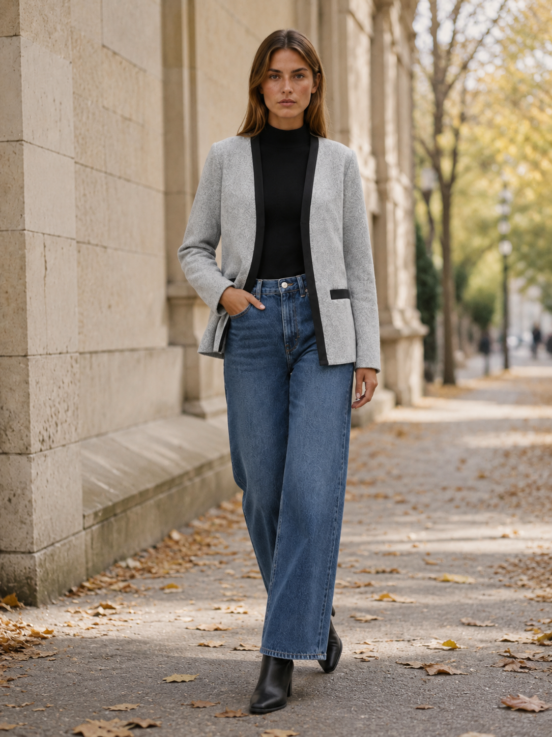 Women's Blazer - Contrast Trim Open Front Collarless Design