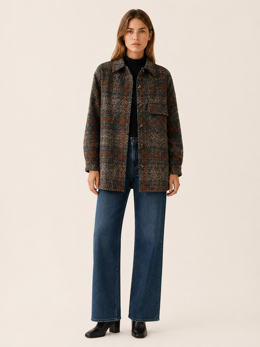 Women’s Check Jacket – Longline Relaxed Fit with Patch Pockets
