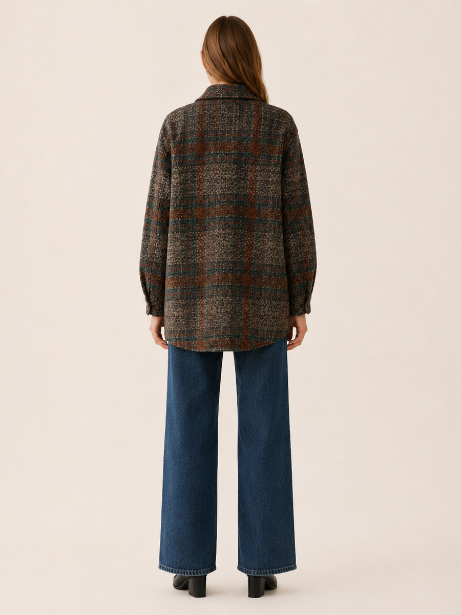 Women’s Check Jacket – Longline Relaxed Fit with Patch Pockets