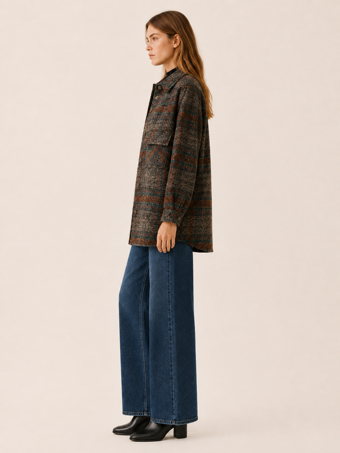 Women’s Check Jacket – Longline Relaxed Fit with Patch Pockets