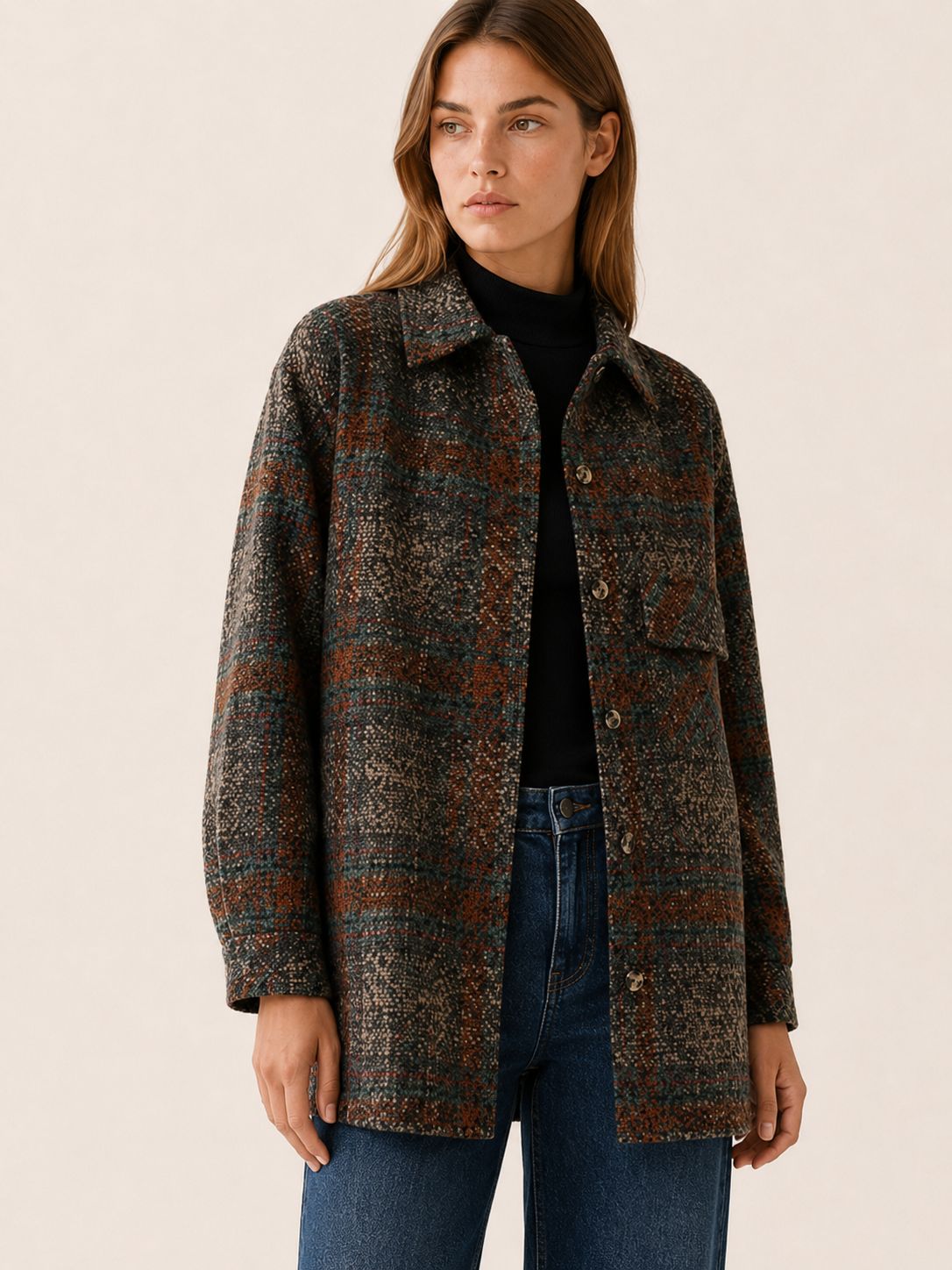 Women’s Check Jacket – Longline Relaxed Fit with Patch Pockets