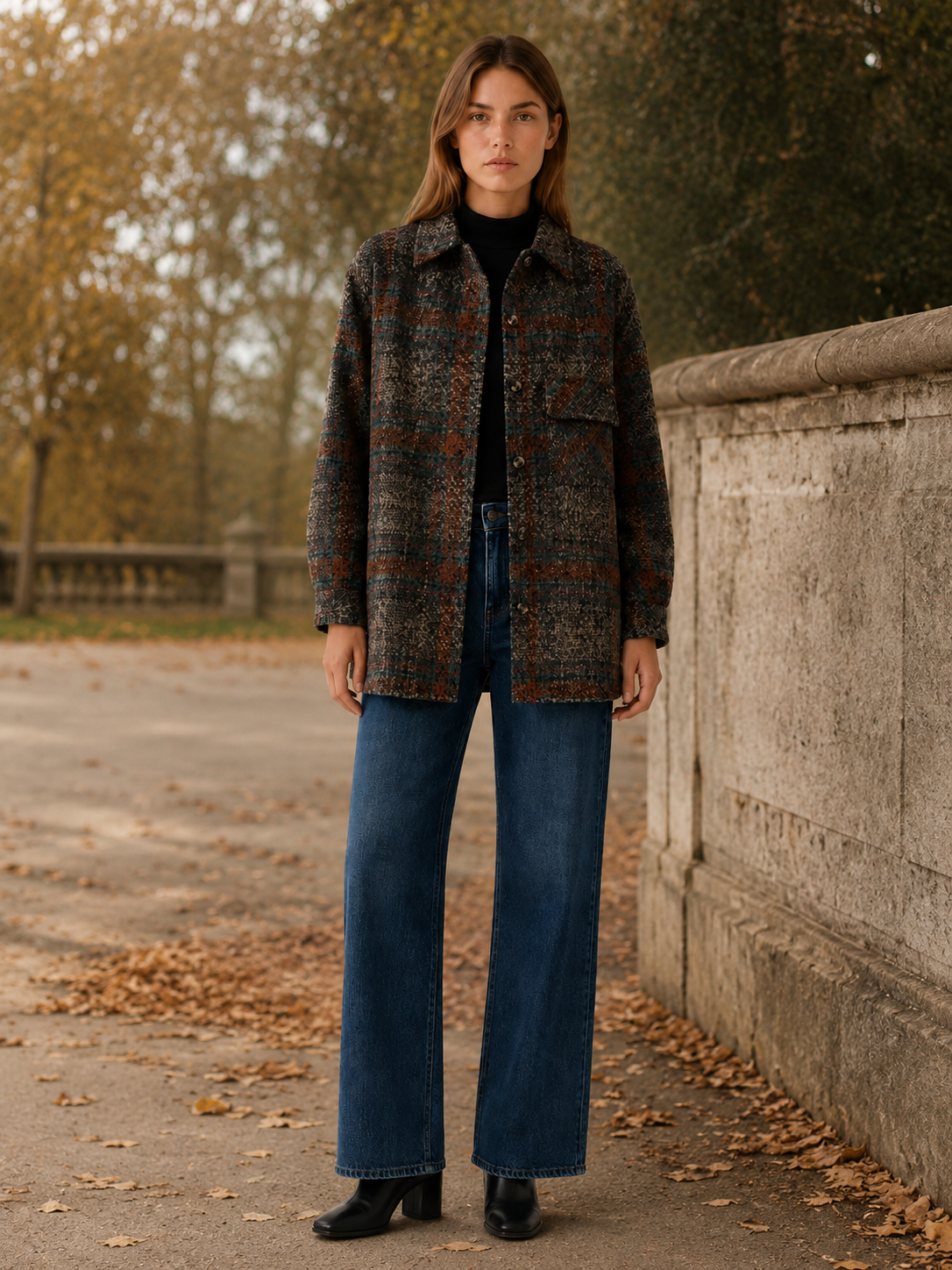 Women’s Check Jacket – Longline Relaxed Fit with Patch Pockets