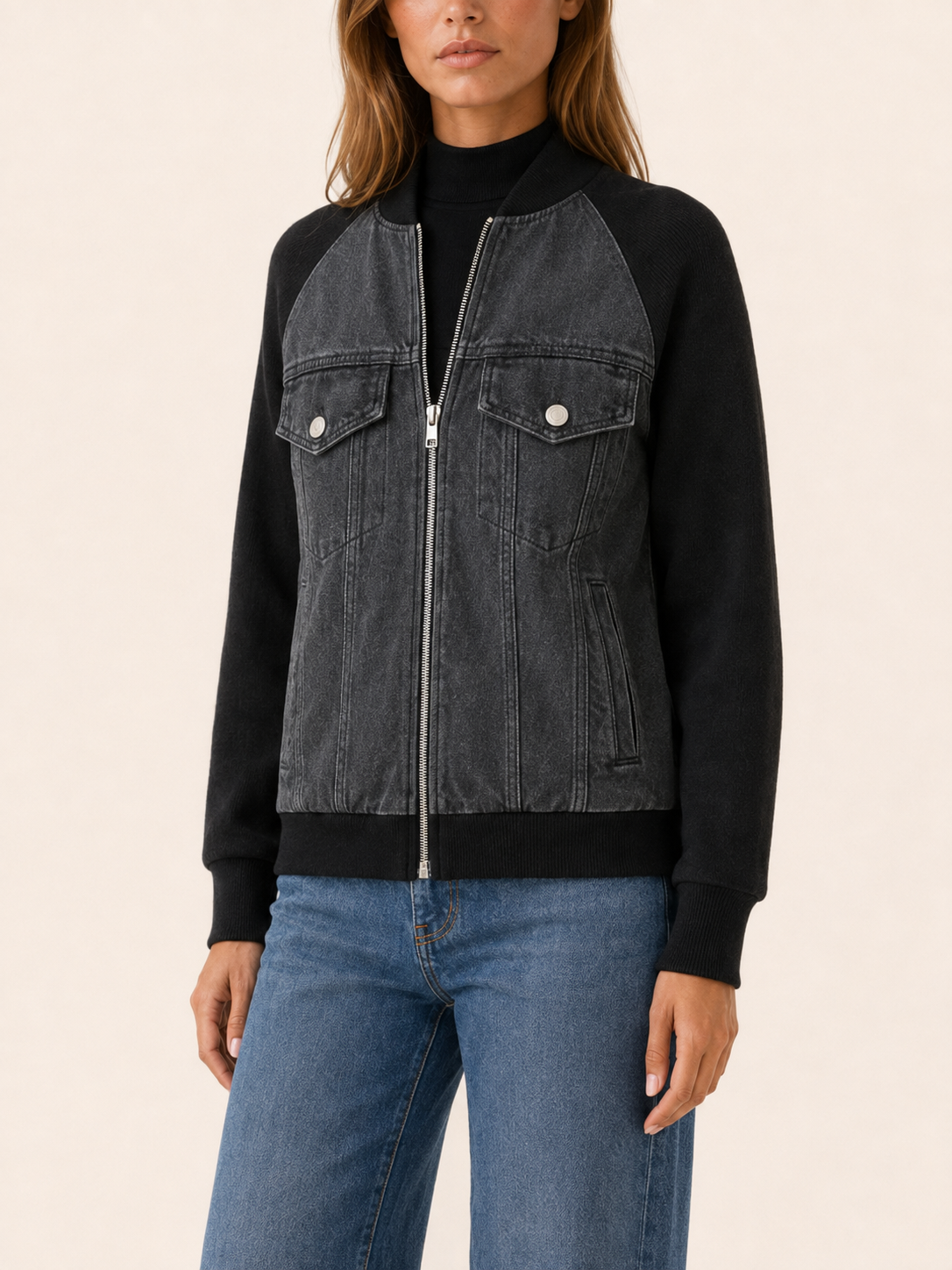Women’s Contrast Sleeve Bomber Jacket – Relaxed Fit