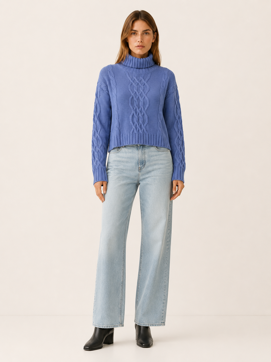 Women’s Cropped Roll Neck Sweater – Textured Knit Detail