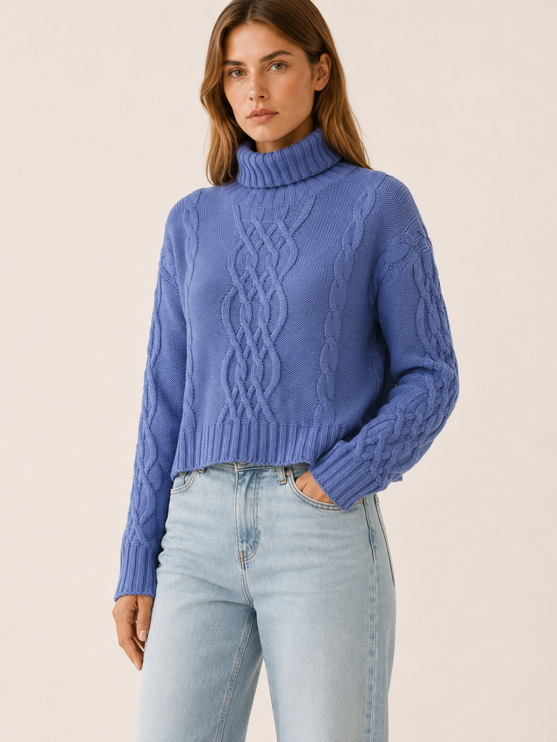 Women’s Cropped Roll Neck Sweater – Textured Knit Detail