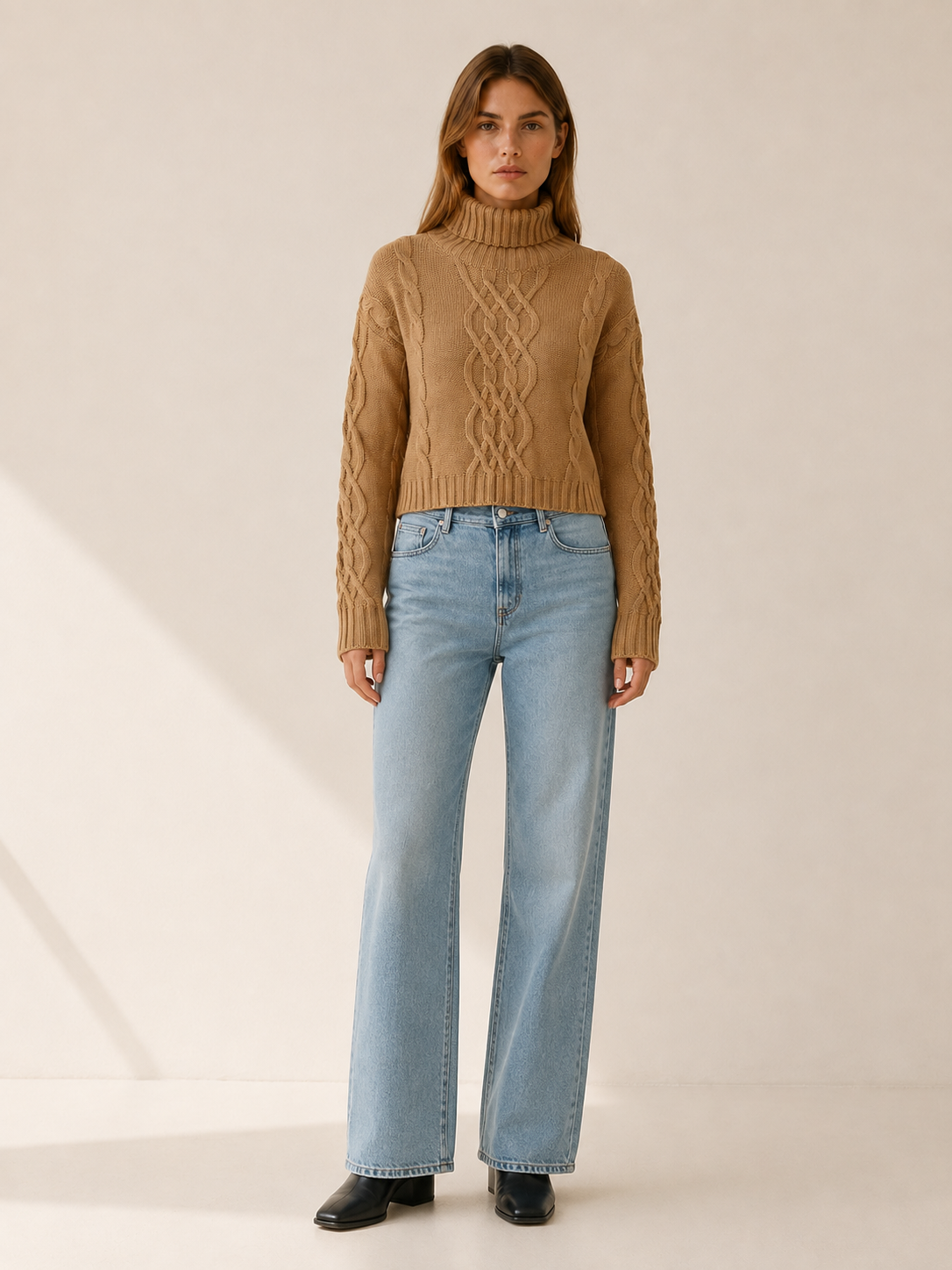 Women’s Cropped Roll Neck Sweater – Textured Knit Detail