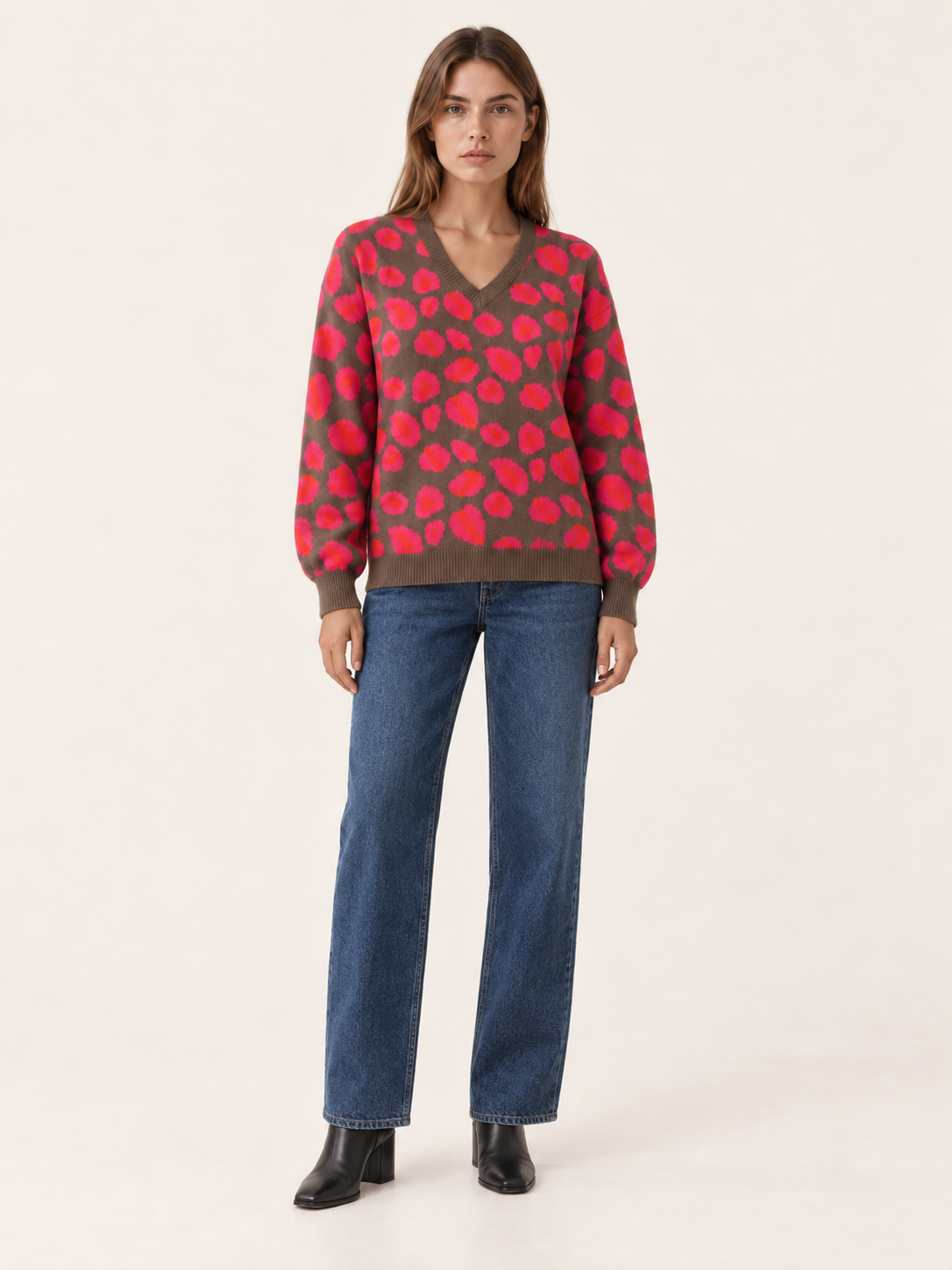 Women’s V-Neck Leopard Print Sweater – Oversized Fit
