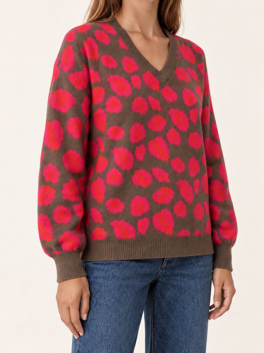 Women’s V-Neck Leopard Print Sweater – Oversized Fit